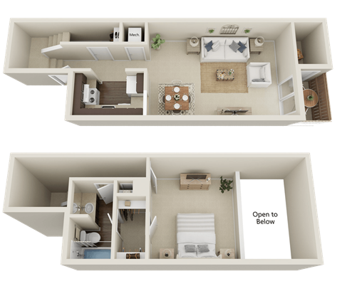 1 Bed/1 Bath 850 sq ft 3D Floor Plan